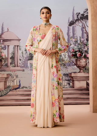 Ivory Jacket And Draped Sari Set by Aneesh Agarwaal available on Indiaspopup.com