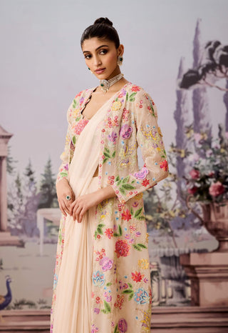 Ivory Jacket And Draped Sari Set by Aneesh Agarwaal available on Indiaspopup.com