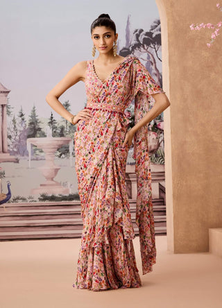 Peach Floral Chintz Printed Sari Set by Aneesh Agarwaal available on Indiaspopup.com