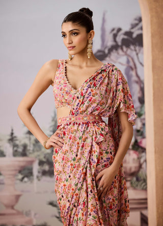 Peach Floral Chintz Printed Sari Set by Aneesh Agarwaal available on Indiaspopup.com