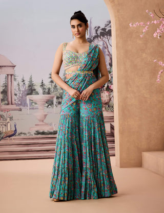 Turquoise Blue Chintz Printed Sharara Sari Set by Aneesh Agarwaal available on Indiaspopup.com