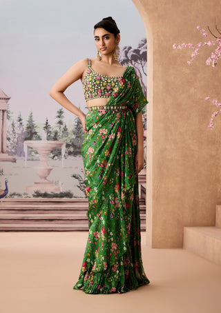 Green Chintz Printed Sari Set by Aneesh Agarwaal available on Indiaspopup.com