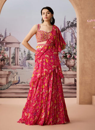 Fuchsia Chintz Printed Pre-Draped Sari Set by Aneesh Agarwaal available on Indiaspopup.com