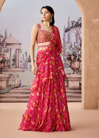 Fuchsia Chintz Printed Pre-Draped Sari Set by Aneesh Agarwaal available on Indiaspopup.com