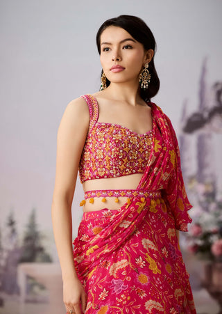 Fuchsia Chintz Printed Pre-Draped Sari Set by Aneesh Agarwaal available on Indiaspopup.com
