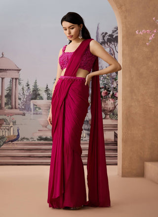 Magenta Satin Chiffon Pre-Draped Sari Set by Aneesh Agarwaal available on Indiaspopup.com