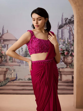 Magenta Satin Chiffon Pre-Draped Sari Set by Aneesh Agarwaal available on Indiaspopup.com