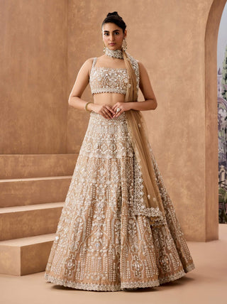 Tan Gold Embroidered Lehenga Set by Aneesh Agarwaal available on Indiaspopup.com