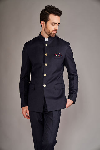 Arjun Kilachand-Navy Blue Pinstripe Bandgala And Trouser-INDIASPOPUP.COM