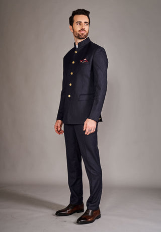 Arjun Kilachand-Navy Blue Pinstripe Bandgala And Trouser-INDIASPOPUP.COM