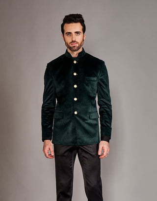 Arjun Kilachand-Forest Green Velvet Bandgala Jacket-INDIASPOPUP.COM