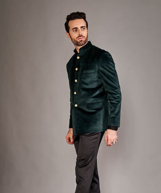 Arjun Kilachand-Forest Green Velvet Bandgala Jacket-INDIASPOPUP.COM