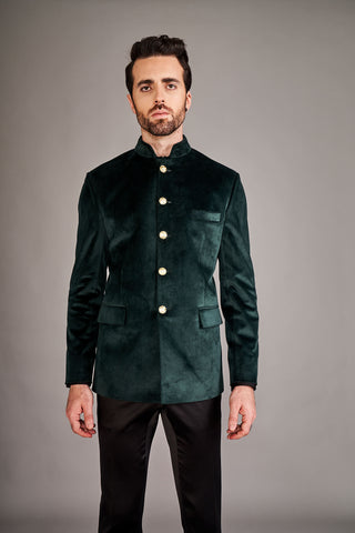 Arjun Kilachand-Forest Green Velvet Bandgala Jacket-INDIASPOPUP.COM