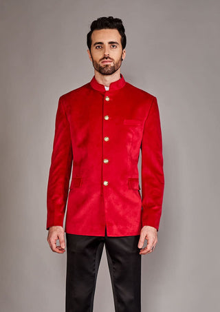Arjun Kilachand-Red Velvet Bandgala Jacket-INDIASPOPUP.COM