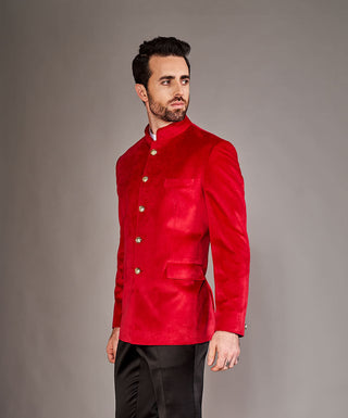 Arjun Kilachand-Red Velvet Bandgala Jacket-INDIASPOPUP.COM