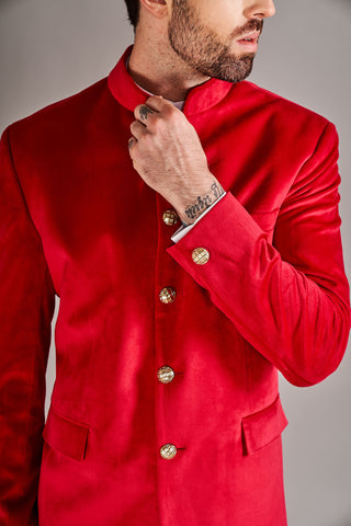 Arjun Kilachand-Red Velvet Bandgala Jacket-INDIASPOPUP.COM