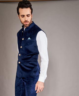 Arjun Kilachand-Navy Blue Velvet Bundi And Shirt-INDIASPOPUP.COM