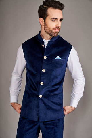 Arjun Kilachand-Navy Blue Velvet Bundi And Shirt-INDIASPOPUP.COM