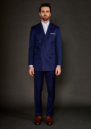 Arjun Kilachand-Navy Blue Stripe Double Breasted Suit And Trousers-INDIASPOPUP.COM