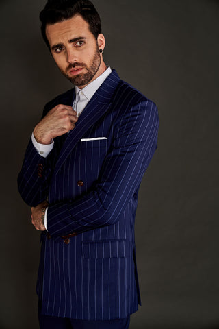 Arjun Kilachand-Navy Blue Stripe Double Breasted Suit And Trousers-INDIASPOPUP.COM