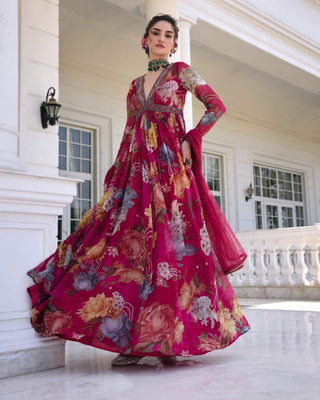 Kiara fuchsia pink anarkali and dupatta