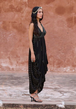 Chamee And Palak-Alder Black Draped Dress-INDIASPOPUP.COM