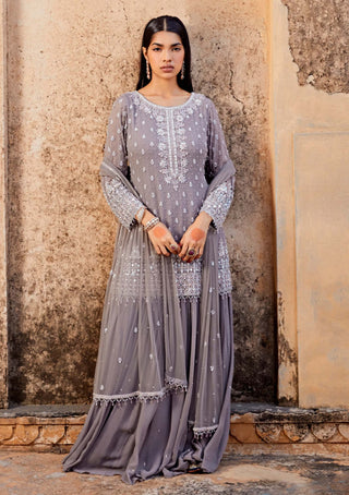 Amitabh Malhotra-Glacier Grey Embellished Tunic And Skirt Set-INDIASPOPUP.COM