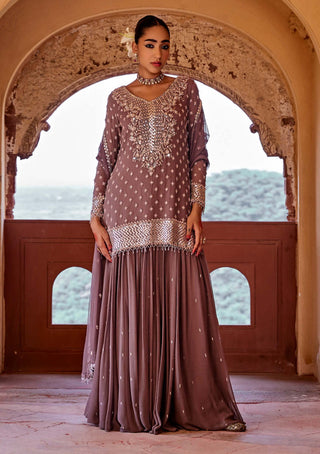 Amitabh Malhotra-Dusky Cinnamon Embellished Tunic And Skirt Set-INDIASPOPUP.COM