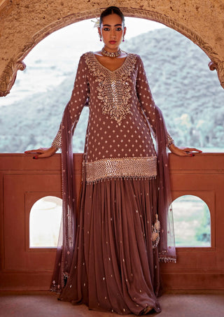 Amitabh Malhotra-Dusky Cinnamon Embellished Tunic And Skirt Set-INDIASPOPUP.COM