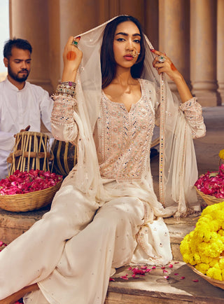 Amitabh Malhotra-Ivory Embellished Tunic And Sharara Set-INDIASPOPUP.COM