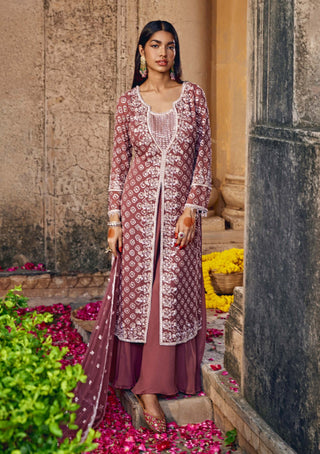 Amitabh Malhotra-Brick Cinnamon Embellished Tunic And Sharara Set-INDIASPOPUP.COM