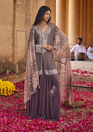 Amitabh Malhotra-Cocoa Dust Embellished Tunic And Skirt Set-INDIASPOPUP.COM