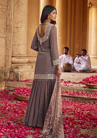 Amitabh Malhotra-Cocoa Dust Embellished Tunic And Skirt Set-INDIASPOPUP.COM