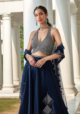 Amitabh Malhotra-Deep Blue Embellished Lehenga Set-INDIASPOPUP.COM