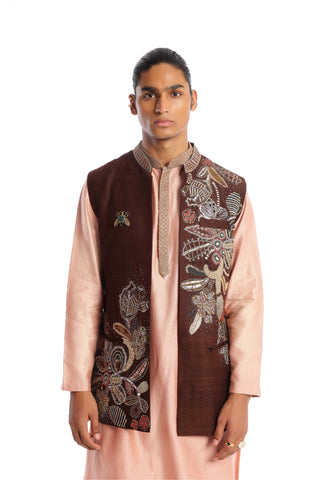 Aisha Rao Men-Melange Brown Peach Kurta And Bundi Set-INDIASPOPUP.COM