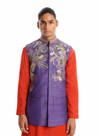 Aisha Rao Men-Neptune Violet Red Kurta And Bundi Set-INDIASPOPUP.COM