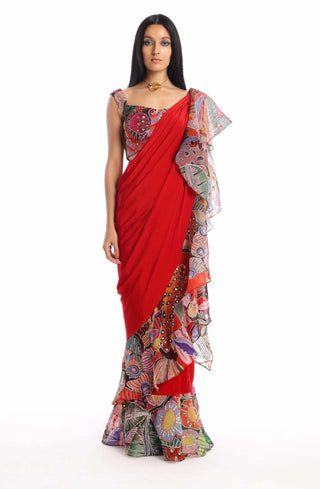 Aisha Rao-Labyrinth Candy Red Sari And Blouse-INDIASPOPUP.COM