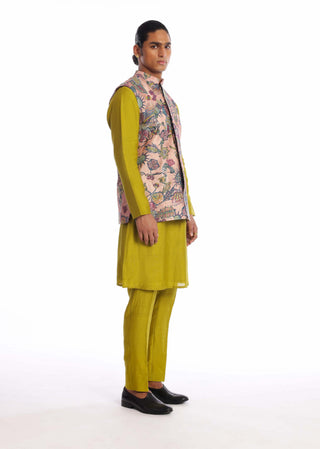 Aisha Rao Men-Mosaic Olive Kurta And Bundi Set-INDIASPOPUP.COM