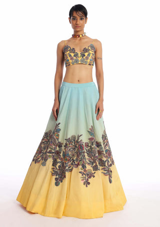 Aisha Rao-Twin Flame Turquoise Yellow Lehenga And Blouse-INDIASPOPUP.COM