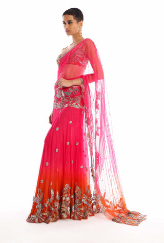 Aisha Rao-Idyllic Fushia Tangerine Lehenga Sari Set-INDIASPOPUP.COM