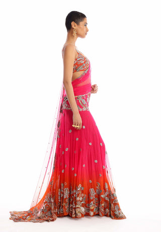 Aisha Rao-Idyllic Fushia Tangerine Lehenga Sari Set-INDIASPOPUP.COM