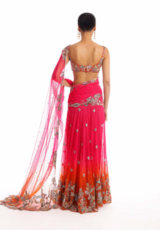 Aisha Rao-Idyllic Fushia Tangerine Lehenga Sari Set-INDIASPOPUP.COM
