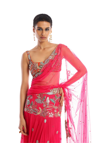 Aisha Rao-Idyllic Fushia Tangerine Lehenga Sari Set-INDIASPOPUP.COM