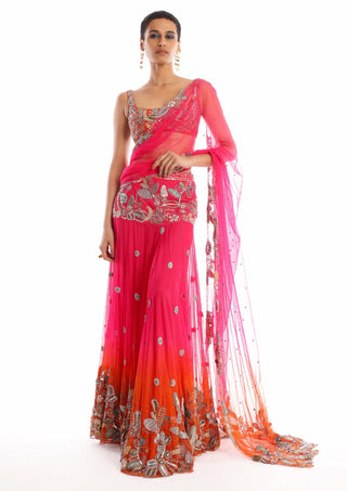 Aisha Rao-Idyllic Fushia Tangerine Lehenga Sari Set-INDIASPOPUP.COM