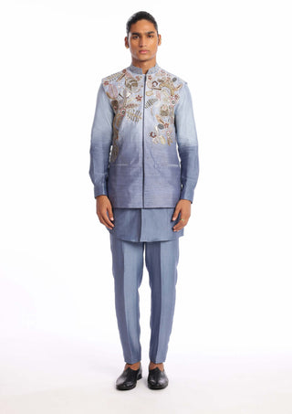 Aisha Rao Men-Nebula Pewter Blue Kurta And Bundi Set-INDIASPOPUP.COM