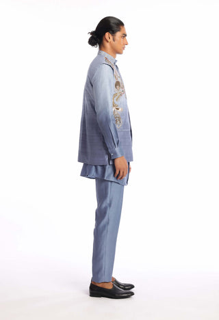 Aisha Rao Men-Nebula Pewter Blue Kurta And Bundi Set-INDIASPOPUP.COM
