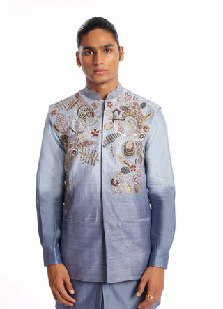 Aisha Rao Men-Nebula Pewter Blue Kurta And Bundi Set-INDIASPOPUP.COM