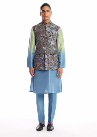 Aisha Rao Men-Motley Carolina Blue Kurta And Bundi Set-INDIASPOPUP.COM