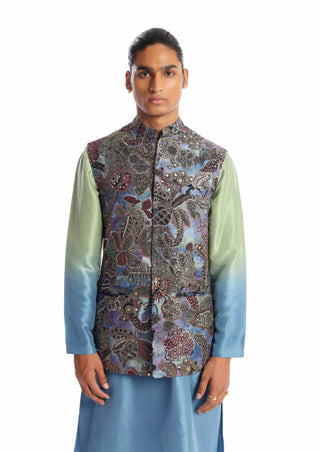Aisha Rao Men-Motley Carolina Blue Kurta And Bundi Set-INDIASPOPUP.COM
