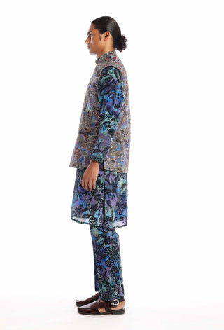Aisha Rao Men-Kaleido Blue Kurta And Bundi Set-INDIASPOPUP.COM